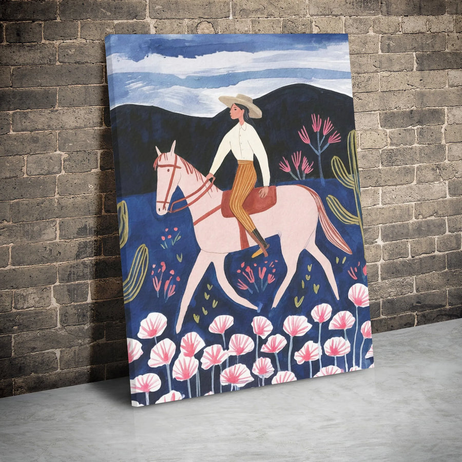 Cowgirl Wall Art | Whimsical Desert Landscape with Pink Horse | Gallery Wrapped Canvas | Western Boho Home Decor for Living Room