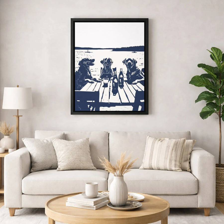 Labrador Dog Beer Canvas Print | Stylized Lake Dock Art | 1.25 Inch Gallery Wrap | Funny Pet Lover Wall Decor Gift