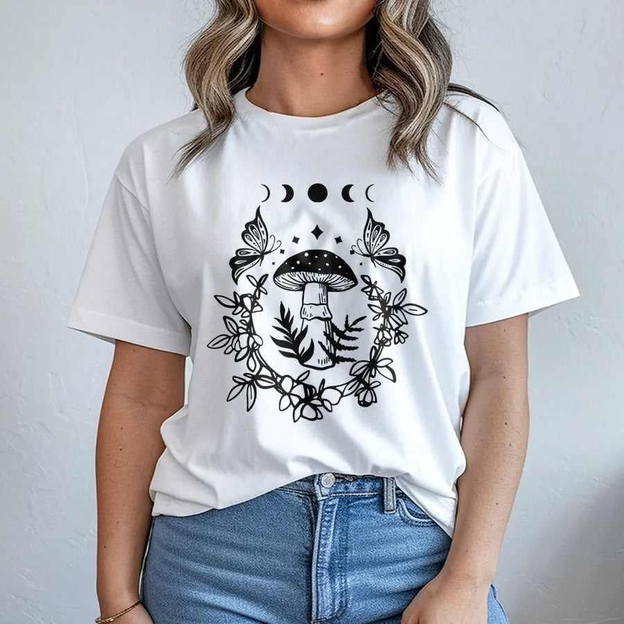 Mushroom Butterfly T-Shirt | Celestial Moon Phase Graphic | Premium 100% Cotton Tee | Cottagecore Aesthetic Gift for Nature Lovers