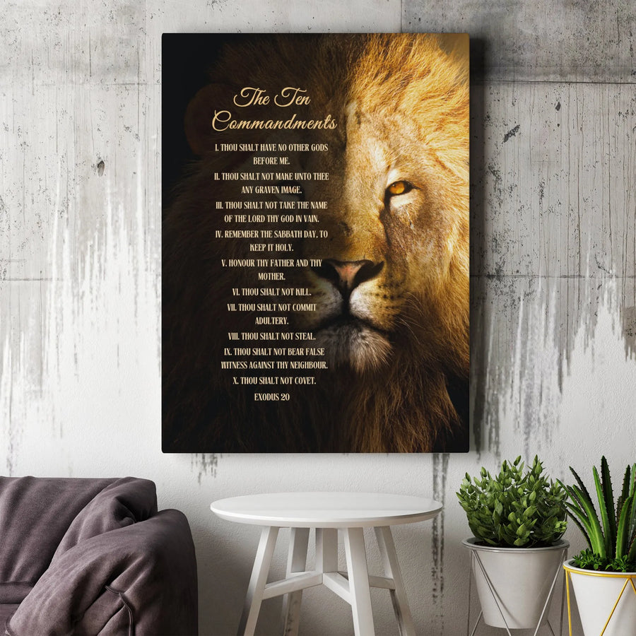 Ten Commandments Wall Art | Majestic Lion Face Religious Canvas | Premium Gallery Wrapped Decor | Christian Home Office Gift for Him