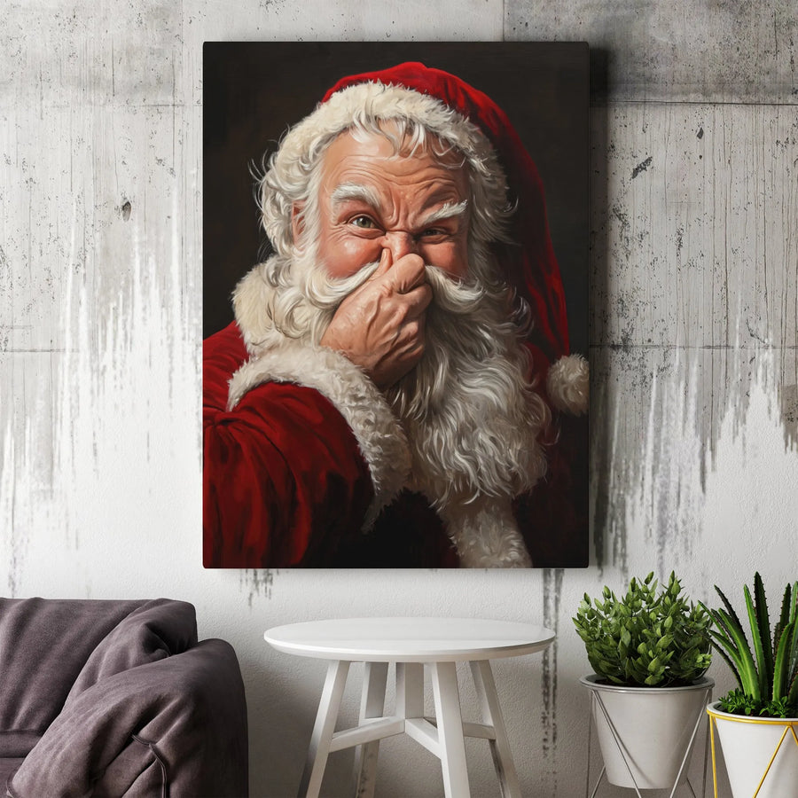 Funny Santa Claus Canvas Wall Art | Whimsical Nose Picking Portrait | Premium Gallery Wrapped Print | Unique Christmas Gag Gift for Home Decor