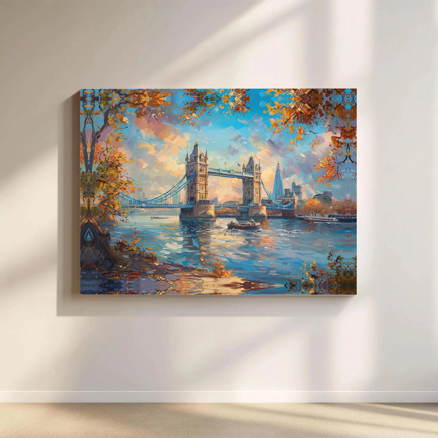London Tower Bridge Canvas Wall Art | Impressionist Autumn Landscape | 1.25" Gallery Wrap | Premium Home Decor Gift
