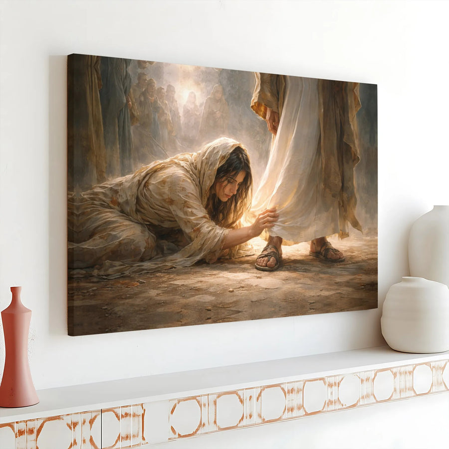 Jesus Healing The Woman Canvas | Biblical Hem Touching Art | Premium Gallery Wrapped Decor | Christian Home Gift for Believers