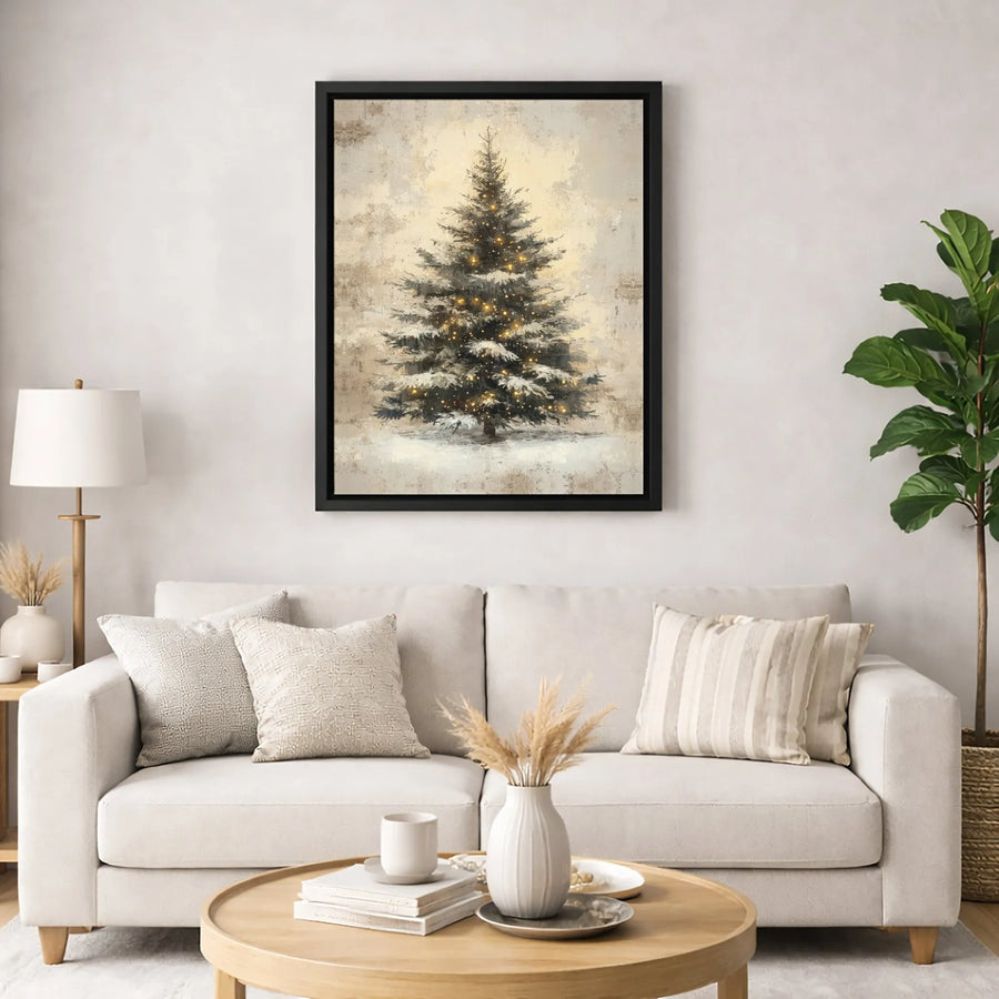 Vintage Snowy Christmas Tree Canvas | Warm Fairy Light Wall Art | Premium 1.25 Inch Gallery Wrap | Festive Holiday Home Decor Gift