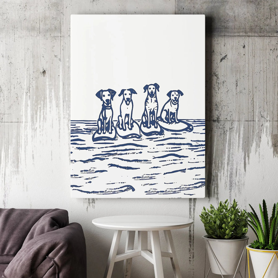 Dog Surfing Canvas Wall Art | Navy Blue Block Print Ocean Decor | Premium Fade-Resistant Gallery Wrap | Coastal Home Office Gift