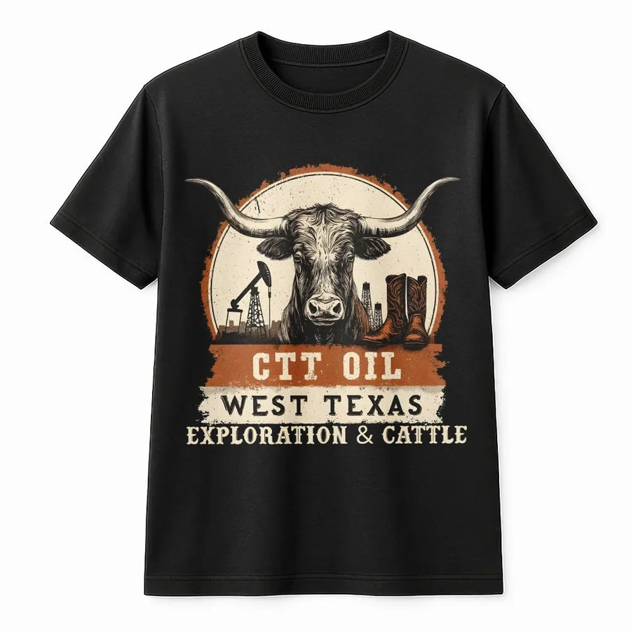 West Texas Oilfield T-Shirt | Longhorn Cattle Ranch Graphic | Premium Cotton Unisex Tee | Gift for Oil Rig Worker & Cowboy