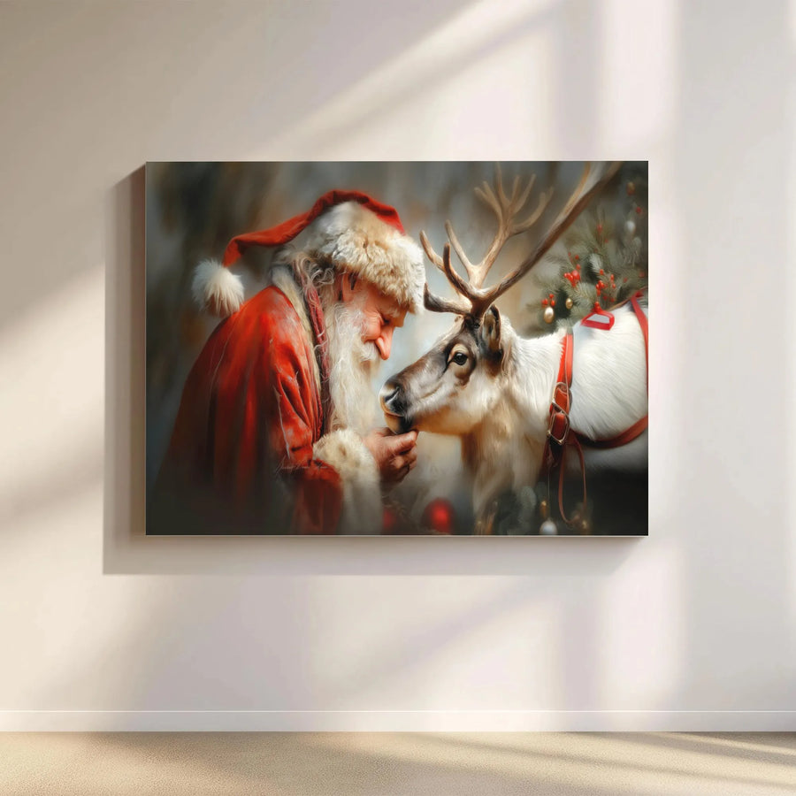 Santa Claus and Reindeer Canvas Wall Art | Cozy Christmas Holiday Scene | Gallery Wrap Premium Print | Festive Home Decor Gift