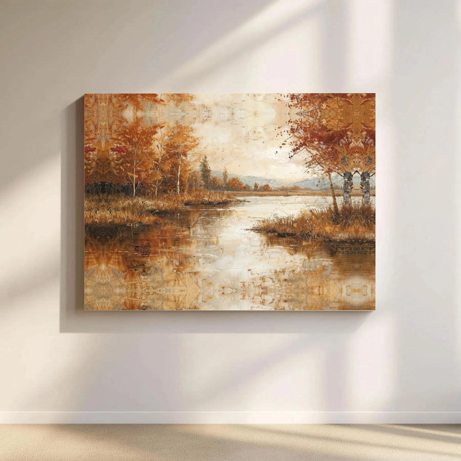 Autumn Landscape Canvas Art | Abstract Birch Tree River Print | Gallery Quality Framed Wall Decor | Warm Seasonal Farmhouse Home Accent