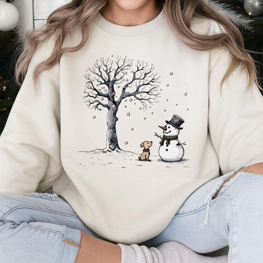 Dog and Snowman Sweatshirt | Cute Winter Holiday Graphic | Premium Cotton Blend | Christmas Gift for Dog Lovers