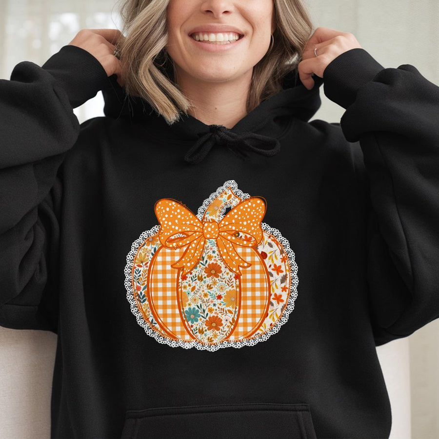 Floral Pumpkin Hoodie | Preppy Bow Aesthetic Print | Premium Cotton-Blend Fall Sweatshirt | Cute Autumn Thanksgiving Gift for Women
