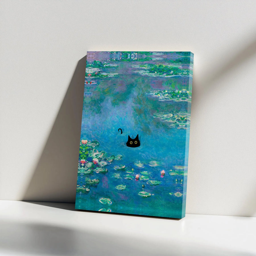 Black Cat Canvas Wall Art | Impressionist Water Lilies Pond Painting | Premium Gallery Wrap Print | Whimsical Gift For Cat Lovers