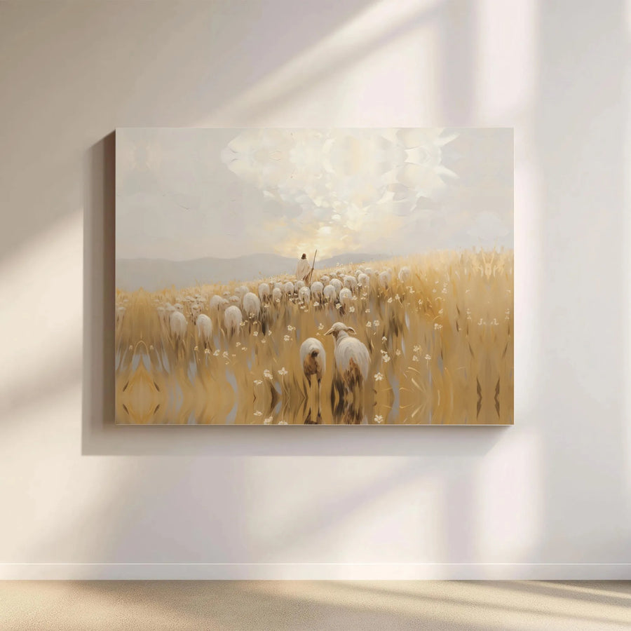Jesus Good Shepherd Canvas Print | Pastoral Jesus Leading His Flock Art | Premium Fade-Resistant Canvas | Christian Home Decor Gift