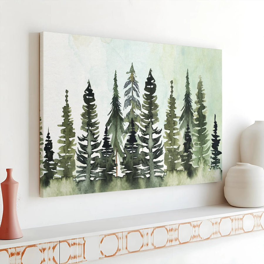 Watercolor Pine Forest Canvas Wall Art | Evergreen Tree Landscape Print | Premium Gallery Wrap Decor | Nature Lover Home Office Gift