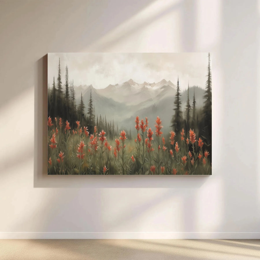 Mountain Landscape Canvas Print | Misty Wildflower Meadow & Forest Scene | Premium Gallery Quality Art | Rustic Farmhouse Wall Decor Gift