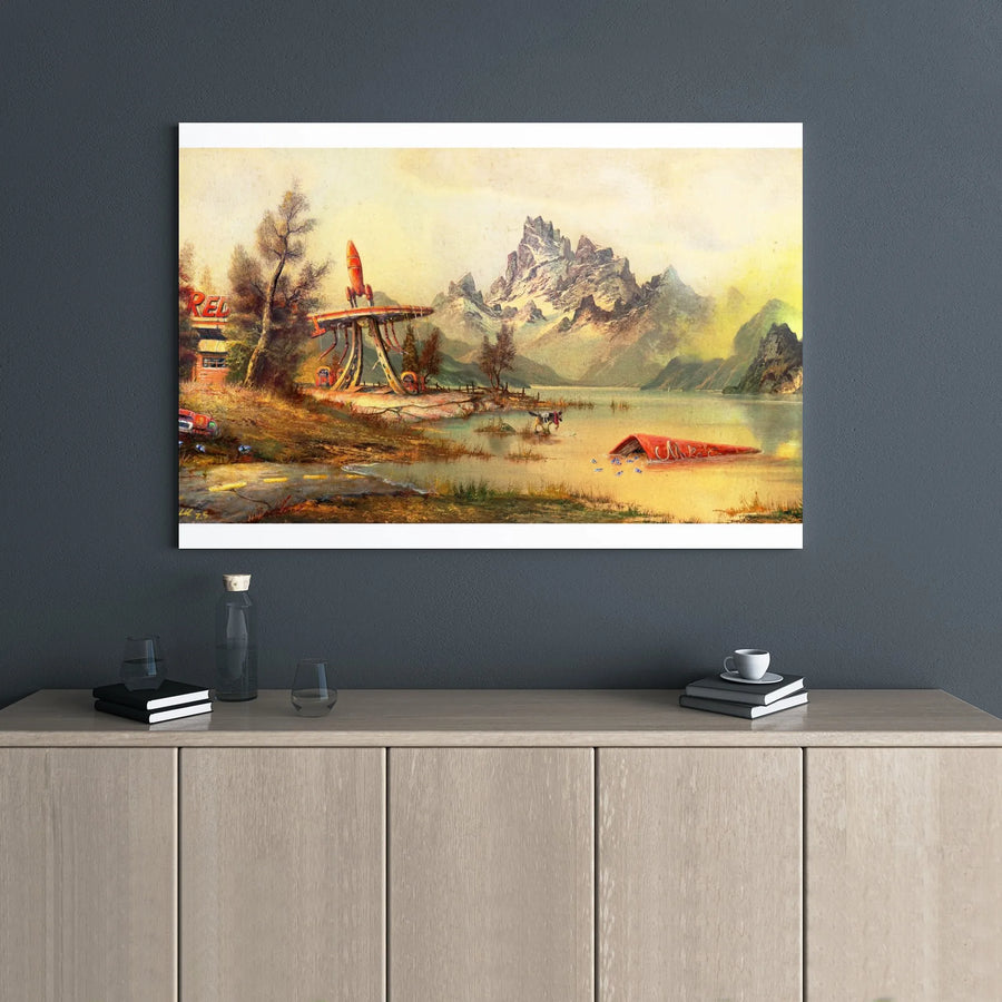 Post-Apocalyptic Rocket Station Canvas | Sci-Fi Landscape Retro Wasteland Art | Premium Gallery Wrapped Decor | Gift for Gamer and Collector