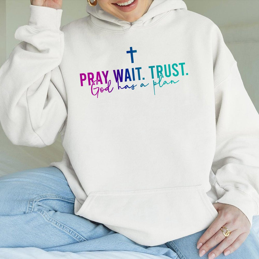 Pray Wait Trust Hoodie | God Has A Plan Christian Graphic Design | Premium Cotton Blend Apparel | Religious Faith Gift For Men And Women