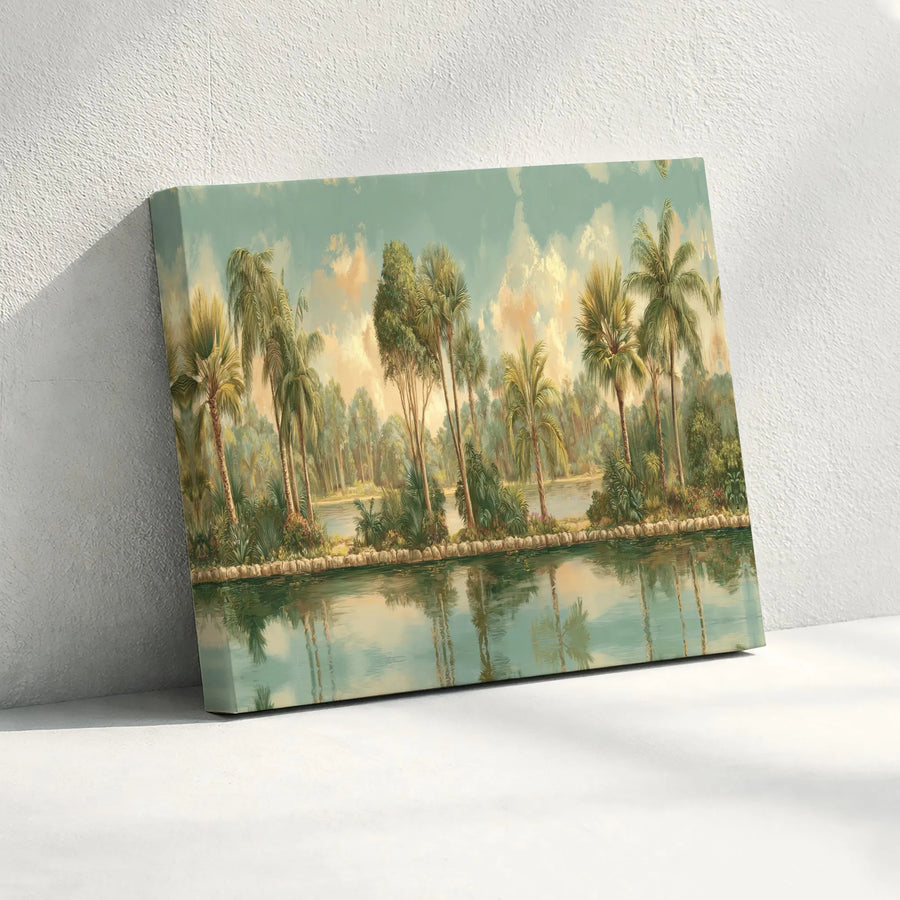 Vintage Tropical Landscape Canvas | Panoramic Palm Tree Painting | Premium Gallery Wrapped Canvas | Coastal Living Room Decor Gift