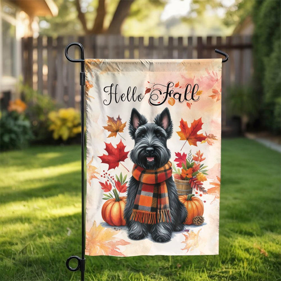 Scottish Terrier Garden Flag | Hello Fall Autumn Leaves Pumpkins | Premium Weather-Resistant Polyester | Seasonal Dog Lover Yard Decor Gift