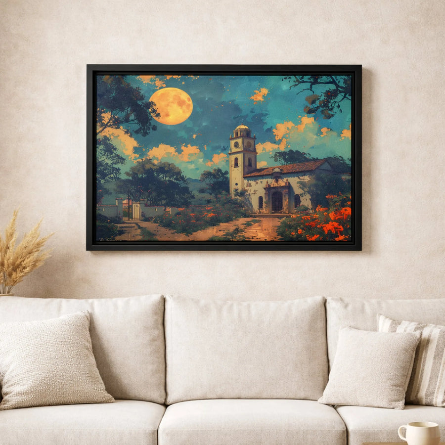 Spanish Mission Wall Art | Night Landscape With Full Moon | Premium Gallery Wrapped Canvas | Southwestern Home Decor Gift