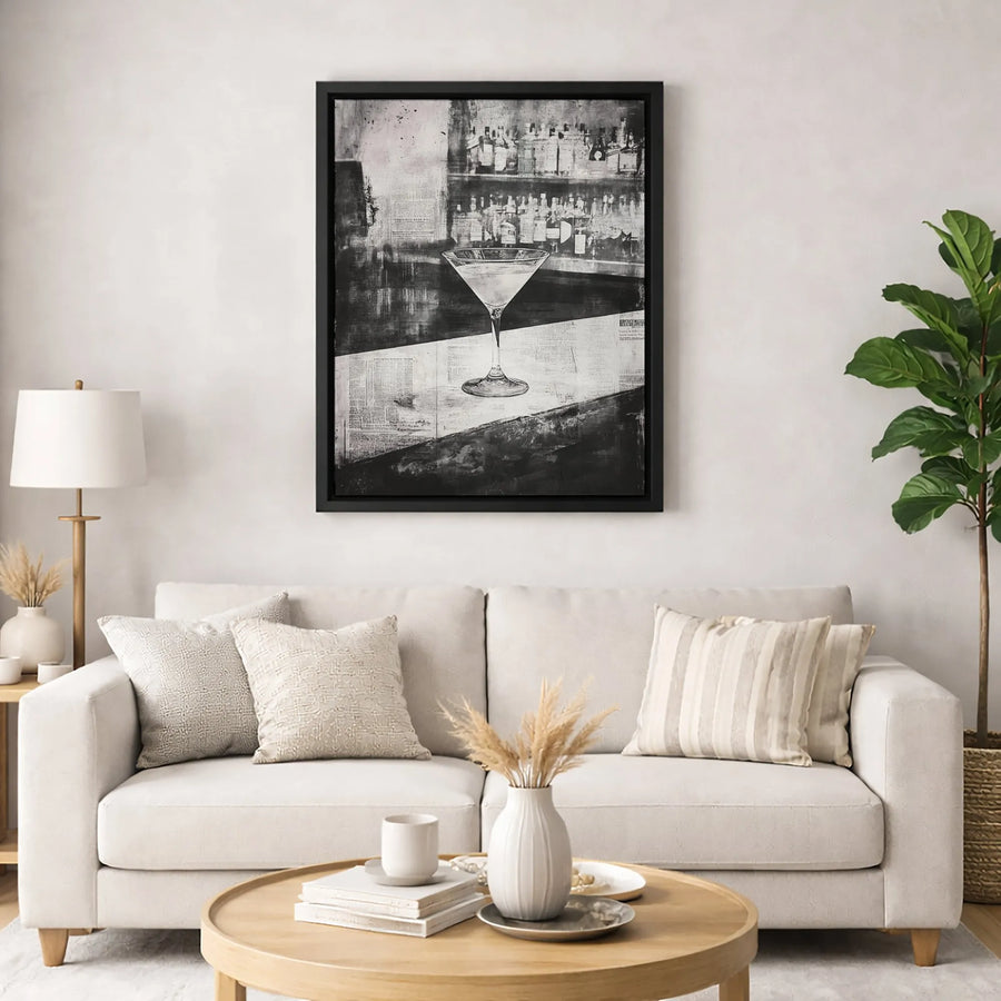 Martini Glass Canvas Wall Art | Black and White Bar Aesthetic Print | 1.25-Inch Gallery Wrap | Sophisticated Home Decor for Cocktail Lovers