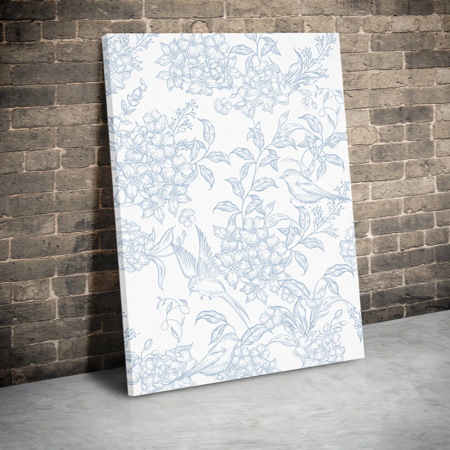 Vintage Floral Bird Canvas Art | Blue and White Botanical Line Art | Premium Gallery Wrapped Canvas | Grandmillennial Home Decor Gift