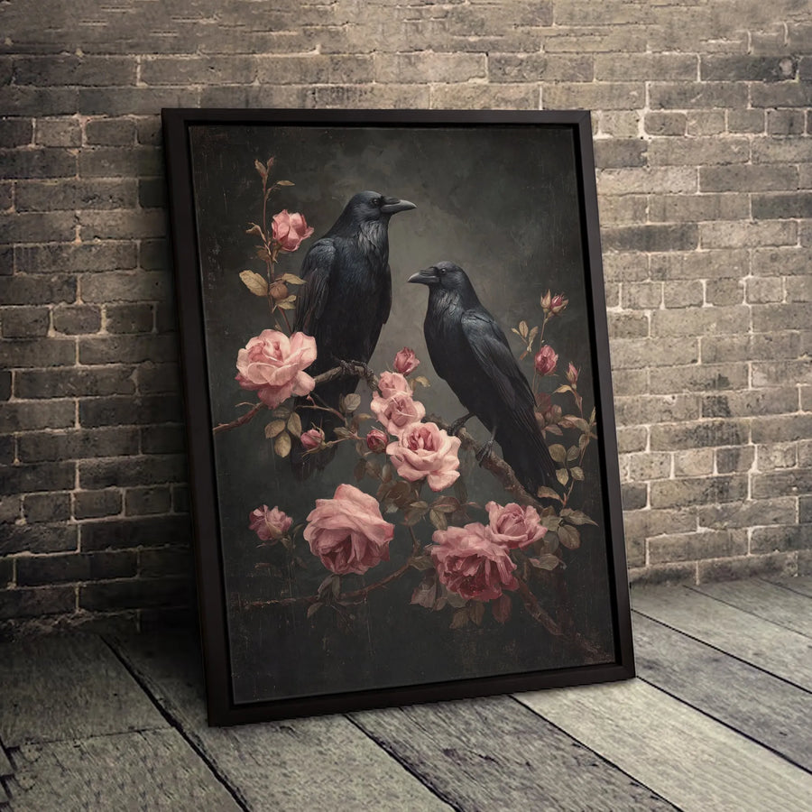 Gothic Raven Wall Art | Moody Crow and Pink Roses Painting | Premium Gallery Wrap Canvas | Dark Academia Home Decor Gift