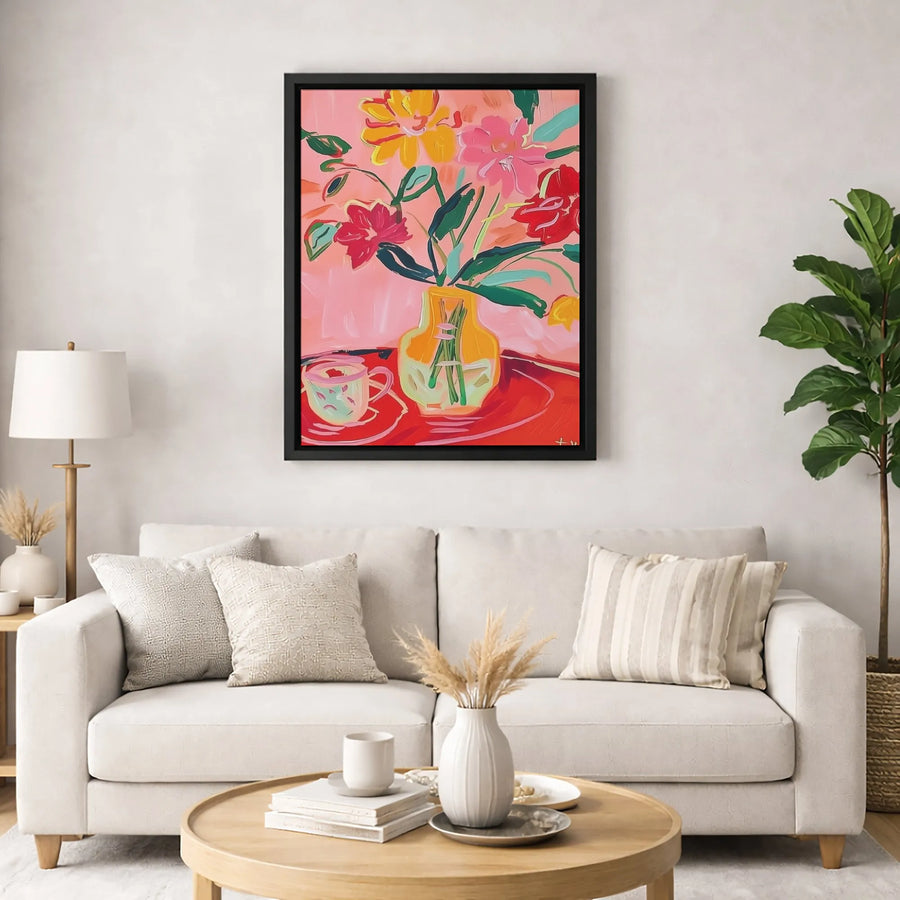 Abstract Floral Still Life Canvas Art | Vibrant Vase and Teacup Painting | Gallery-Wrapped Premium Print | Modern Botanical Home Decor Gift