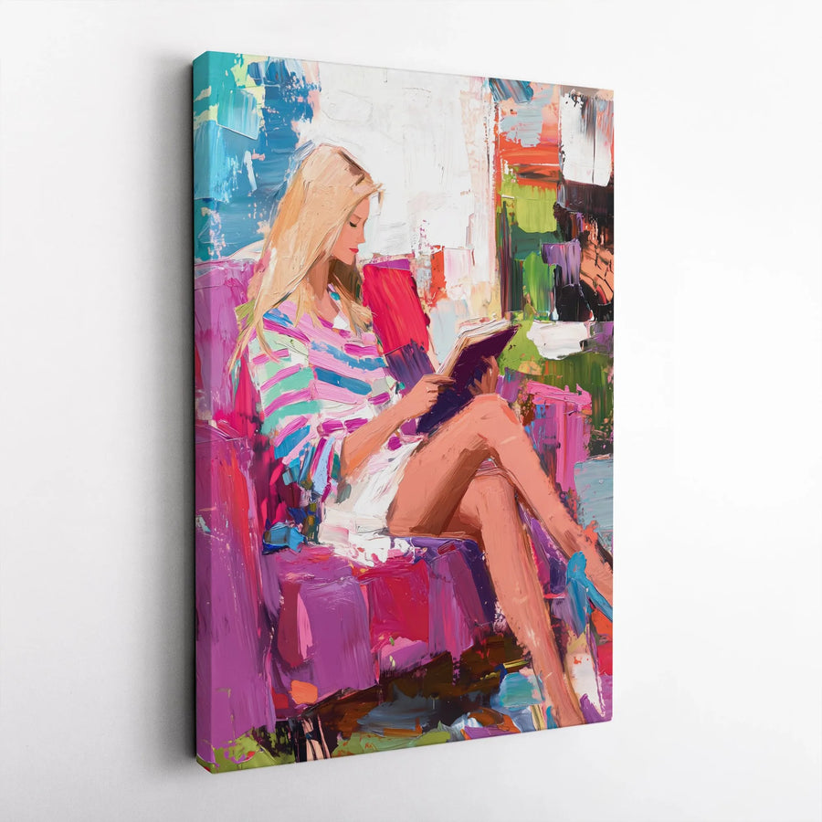 Woman Reading Book Canvas Art | Colorful Impressionist Style Painting | 1.25 Inch Premium Gallery Wrap | Modern Home Office Decor Gift