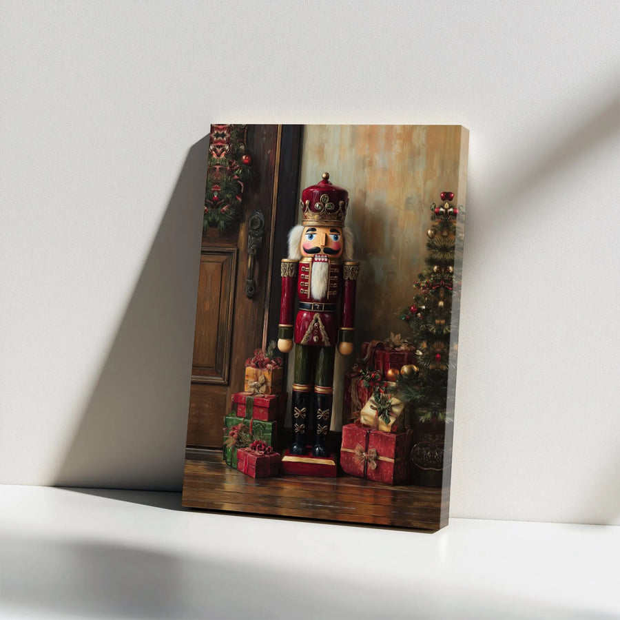 Christmas Nutcracker Wall Art | Vintage Soldier With Holiday Tree Decor | Premium Stretched Canvas Print | Festive Living Room Gift Idea