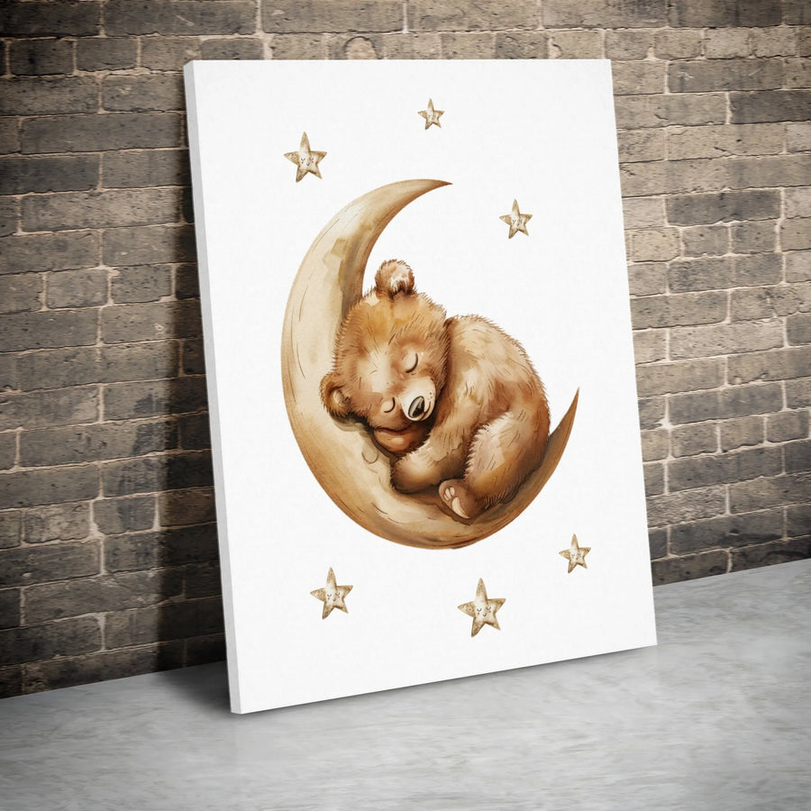 Sleeping Bear On Moon Canvas Wall Art | Watercolor Nursery Decor | Premium Gallery Wrap Print | Baby Shower Gift for Boy or Girl