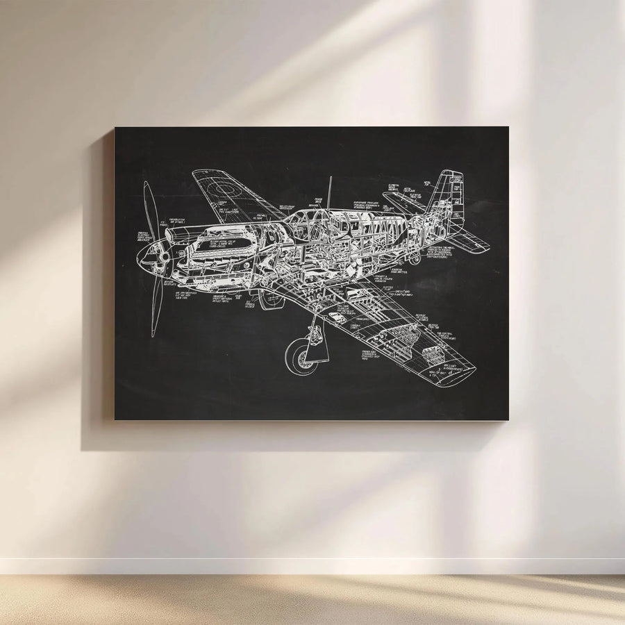 P-51 Mustang Aircraft Blueprint Canvas | Vintage Aviation Cutaway Schematic Art | Premium Gallery Wrapped Wall Decor | Gift for Pilot and History Buffs
