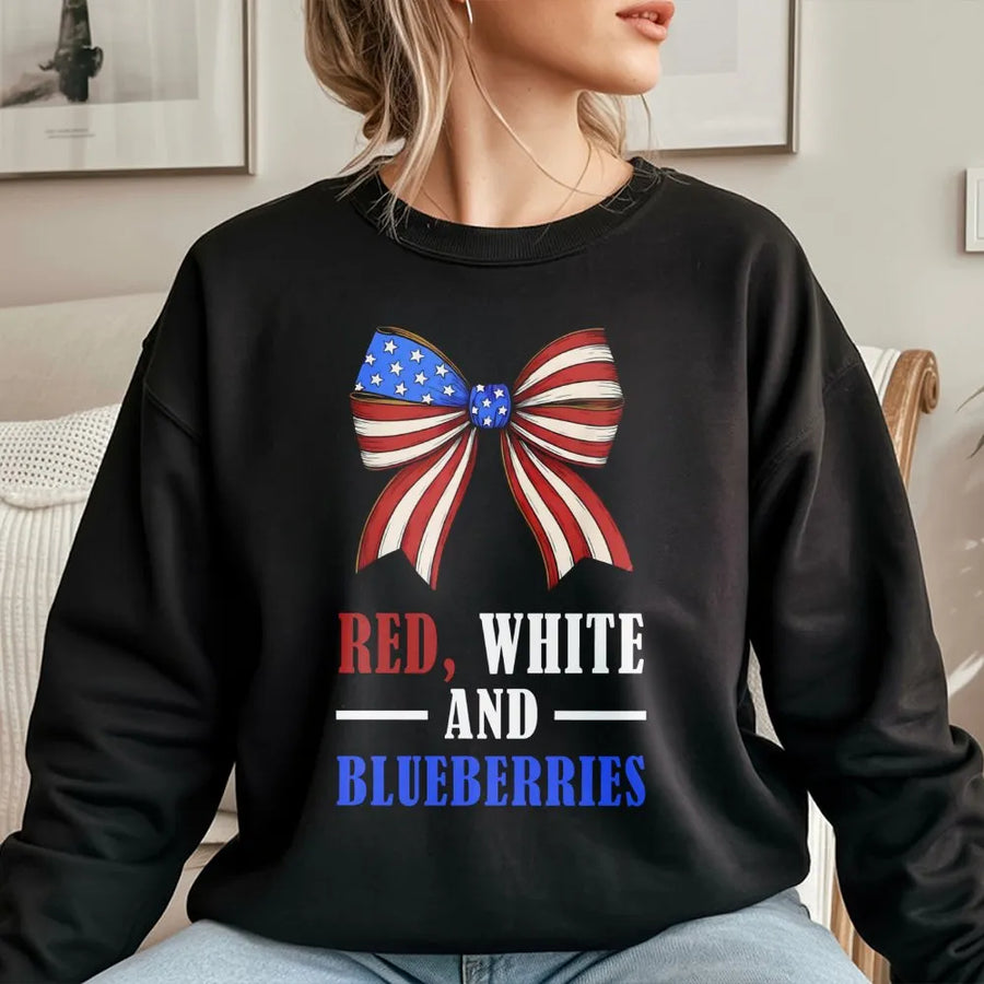 Red White and Blueberries Sweatshirt | Patriotic Coquette Bow Graphic | Premium Cotton Blend Crewneck | 4th of July Gift for Women