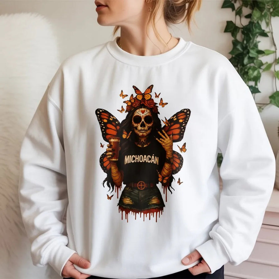 Michoacán Butterfly Skull Sweatshirt | Dia De Los Muertos Monarch Art | Premium Cotton Blend Crewneck | Mexican Heritage Gift For Her