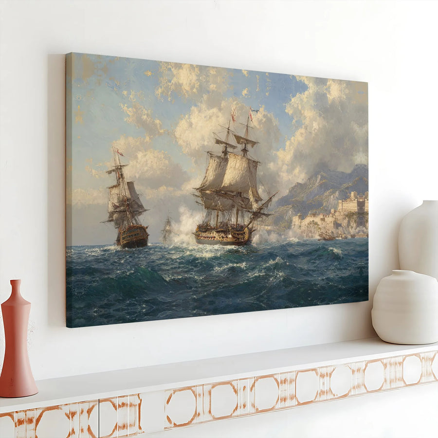 Historical Naval Battle Canvas Wall Art | Tall Ships Sea War Print | Premium Gallery Wrap Wooden Frame | Nautical Home Office Decor Gift