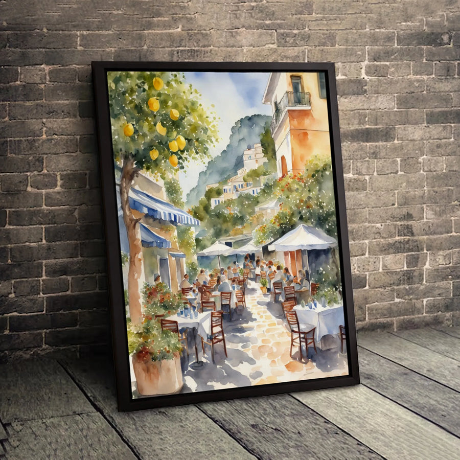Italian Cafe Watercolor Canvas | Amalfi Coast Lemon Tree Art | Gallery Quality Framed Print | Mediterranean Home Decor Wall Art