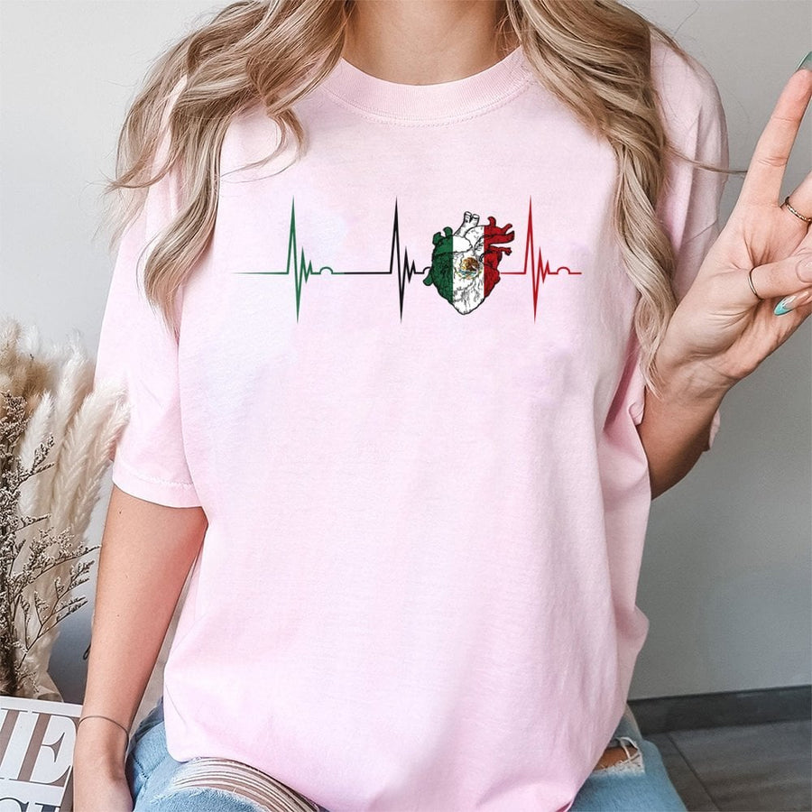 Mexico Flag Heartbeat T-Shirt | Mexican Heart EKG Pulse Design | 100% Cotton Premium Tee | Cultural Pride Gift For Men And Women