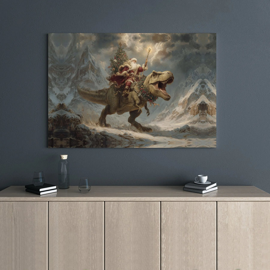 Santa Claus Riding T-Rex Canvas | Whimsical Dinosaur Christmas Wall Art | Premium Gallery Wrap Decor | Fun Holiday Gift for Dinosaur Lovers