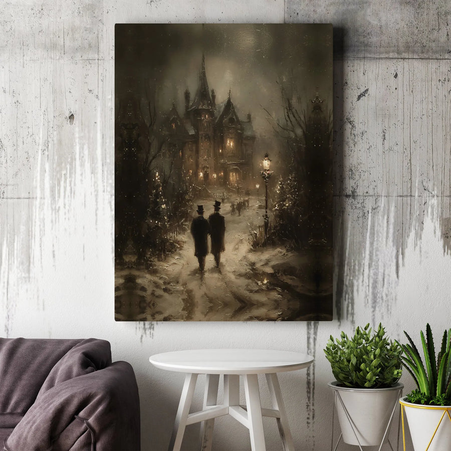 Victorian Christmas Canvas Art | Snow-Covered Estate Winter Scene | Premium Gallery Wrap | Festive Holiday Wall Decor for Home
