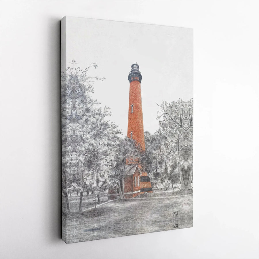 Lighthouse Canvas Wall Art | Nautical Red Brick Sketch Print | Premium Gallery Wrapped Decor | Coastal Home Office Gift