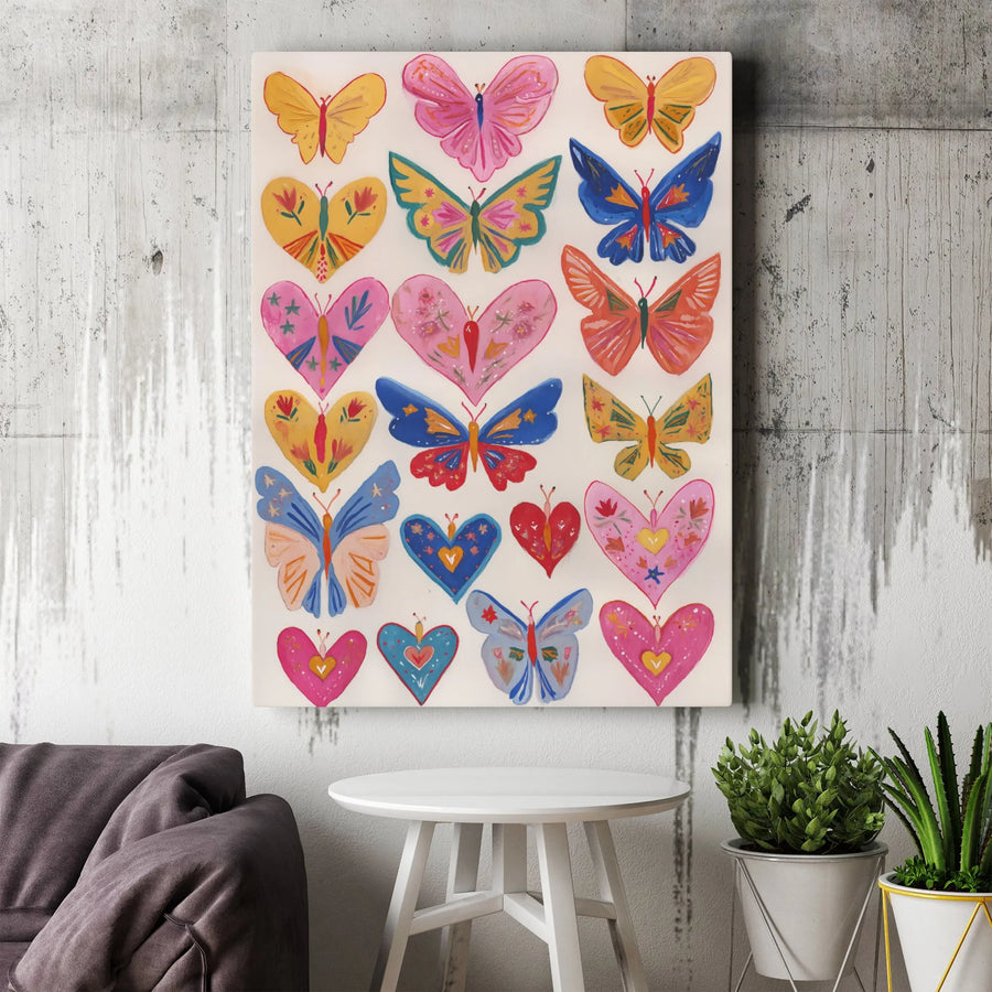 Butterfly Heart Wall Art | Whimsical Pastel Insect Illustration | Gallery Wrapped Premium Canvas | Romantic Decor for Nursery or Bedroom