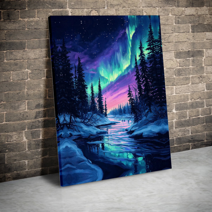 Northern Lights Canvas Wall Art | Aurora Borealis Winter Forest Painting | Premium 1.25" Thick Print | Nature Lover Gift for Home Decor