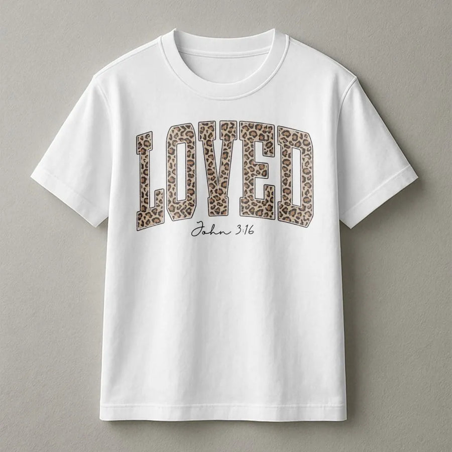 Loved John 3:16 T-Shirt | Leopard Print Varsity Letter Graphic | Premium Soft Cotton | Christian Faith Gift for Women & Teens