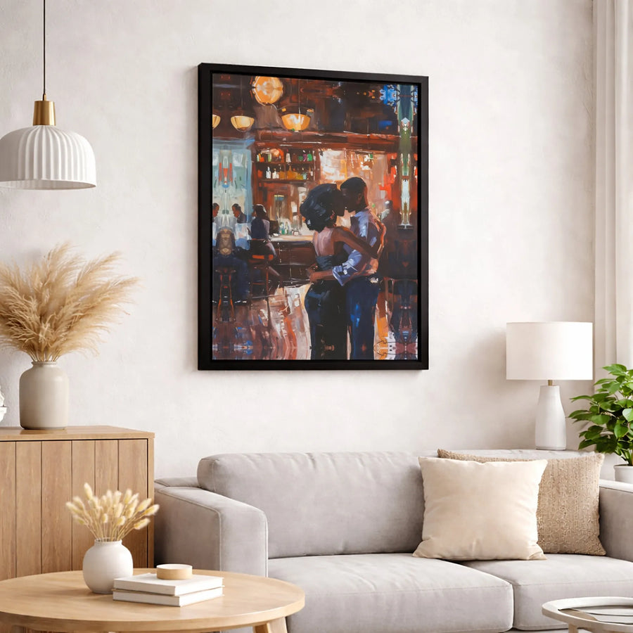 Romantic Black Couple Canvas Wall Art | Impressionist Bar Kissing Portrait | Premium 1.25" Gallery Wrap | Modern Home Decor Gift