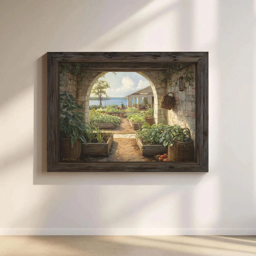 Mediterranean Garden Arch Horizontal Canvas | Tuscan Courtyard & Coastal Sea View Painting | Premium Fade-Resistant Wall Art | Scenic Nature Lover Gift, Cozy Home Decor