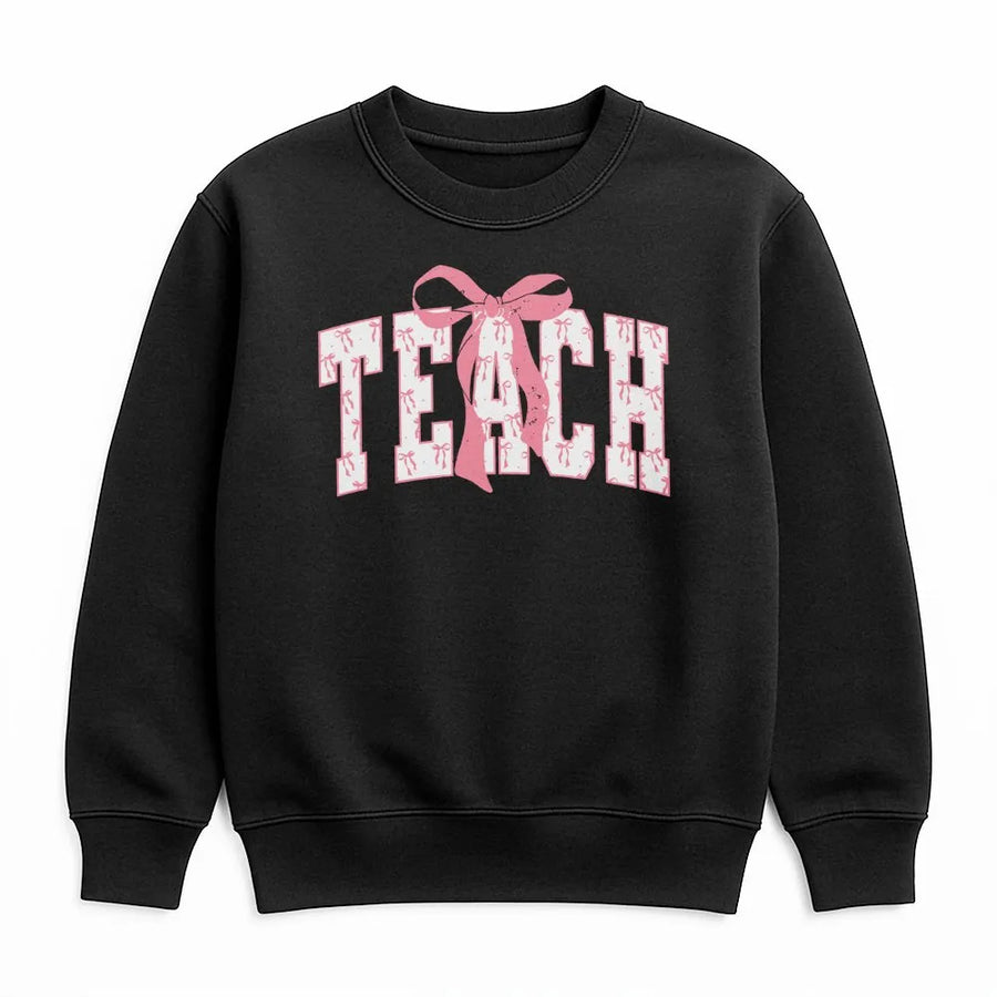 Teach Sweatshirt | Coquette Bow Varsity Aesthetic | Soft Cotton Blend Unisex Pullover | Cute Teacher Appreciation Gift for Educators