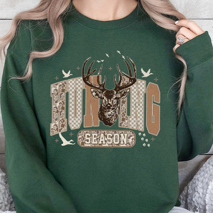 Hunting Season Sweatshirt | Retro Deer Head Graphic with Camo Print | Premium Cotton-Blend | Gift for Hunters and Outdoorsmen