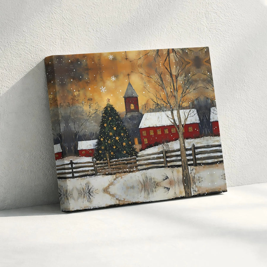 Winter Christmas Village Canvas Wall Art | Snowy Red Church Landscape | Premium Gallery-Wrapped Print | Festive Holiday Home Decor