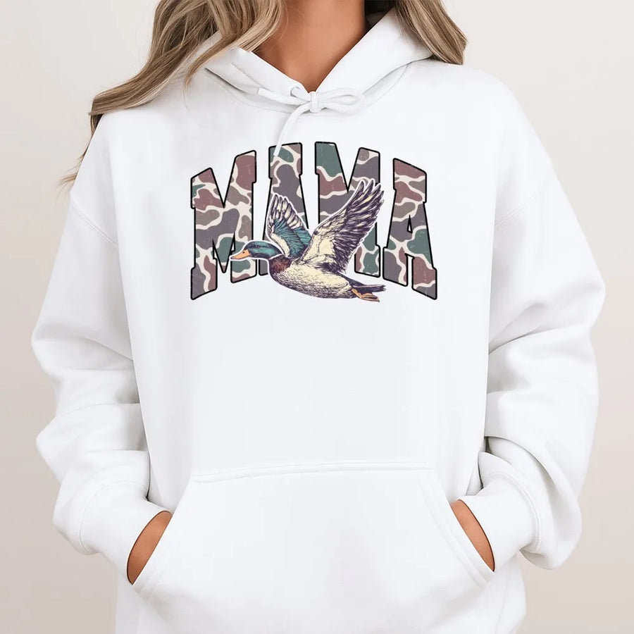 Mama Duck Hunting Hoodie | Camo Mallard Print Graphic | Premium Cotton Blend | Gift for Outdoorsy Mom and Duck Hunter