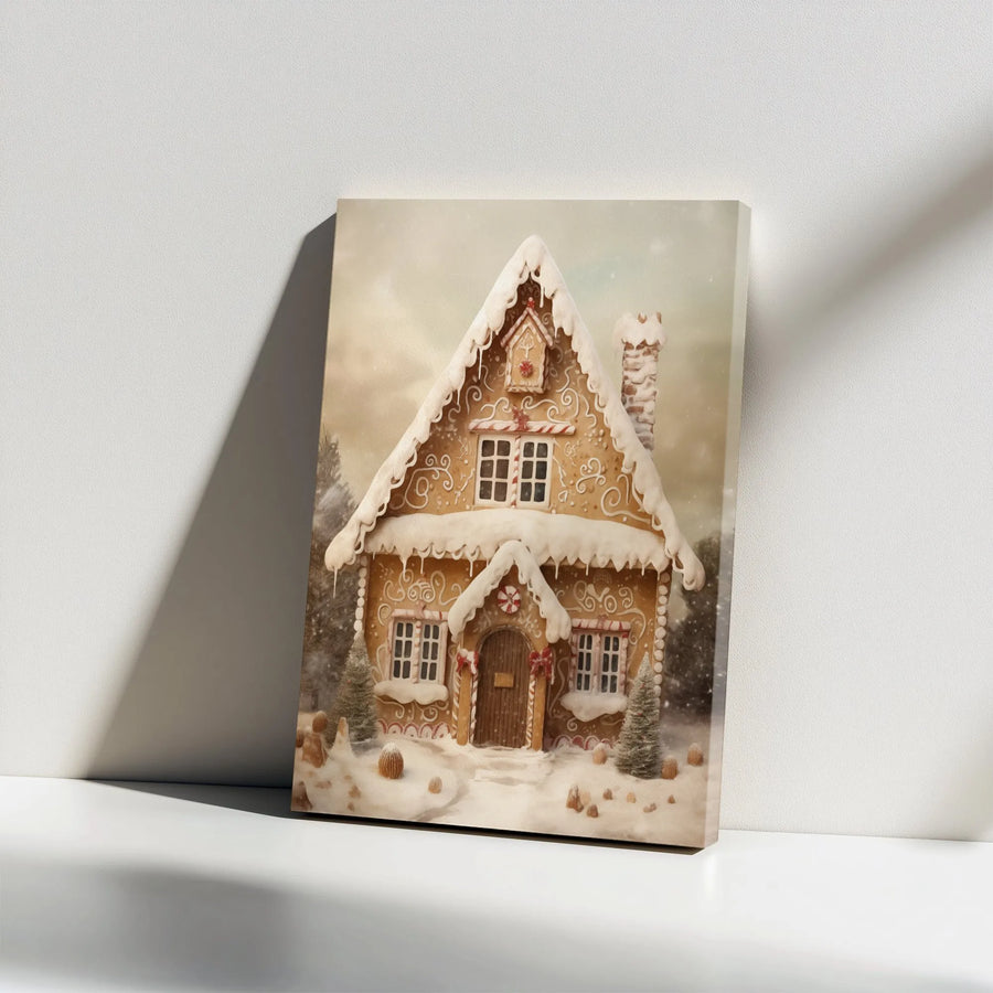 Gingerbread House Christmas Canvas Wall Art | Whimsical Snowy Winter Landscape | Premium Gallery Wrap Decor | Festive Holiday Gift for Home