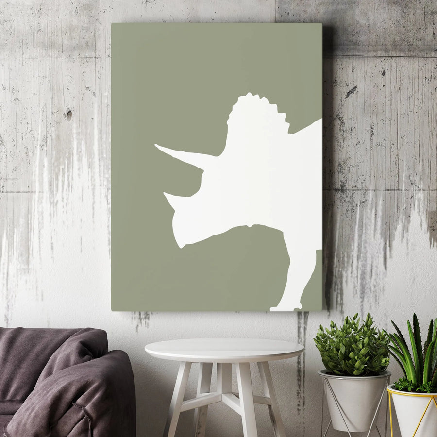 Minimalist Triceratops Wall Art | White Dinosaur Silhouette Canvas | Gallery Wrapped Premium Decor | Nursery or Office Gift Idea